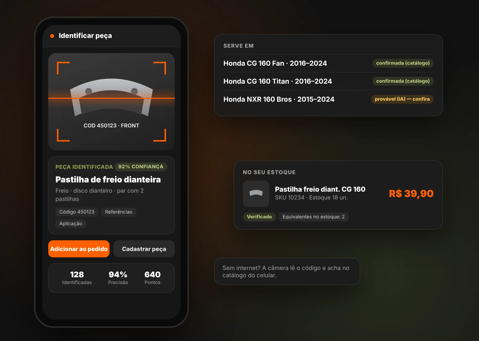 App Gestor Easy identificando uma pastilha de freio pela foto, com as motos em que ela serve e o item do estoque